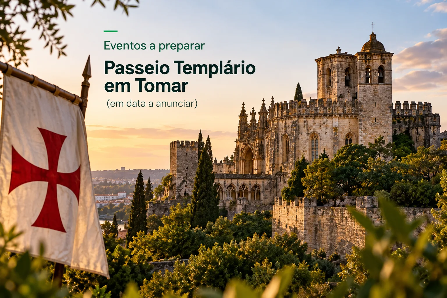 Ilustração alusiva ao Passeio Templário em Tomar, com o Convento de Cristo e a cruz templária